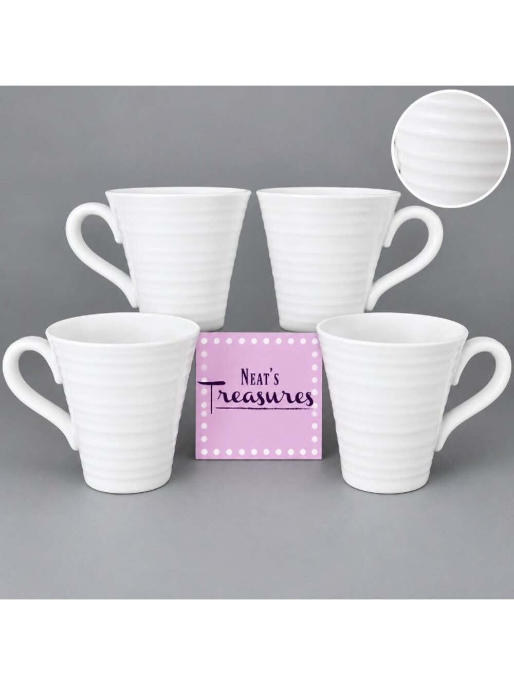 Portmeirion SOPHIE CONRAN WHITE Embossed Rings 12oz Flared Cups Mugs Set of 4